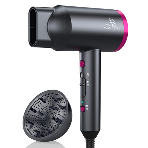 ANNE BETTY Hair Dryer with Diffuser, Portable Blow Dryer for Curly Hair for Women/Men, 1800 Watt Ionic HairDryer, Blow Dryer with Nozzle for Fast Drying as Salon, Lightweight